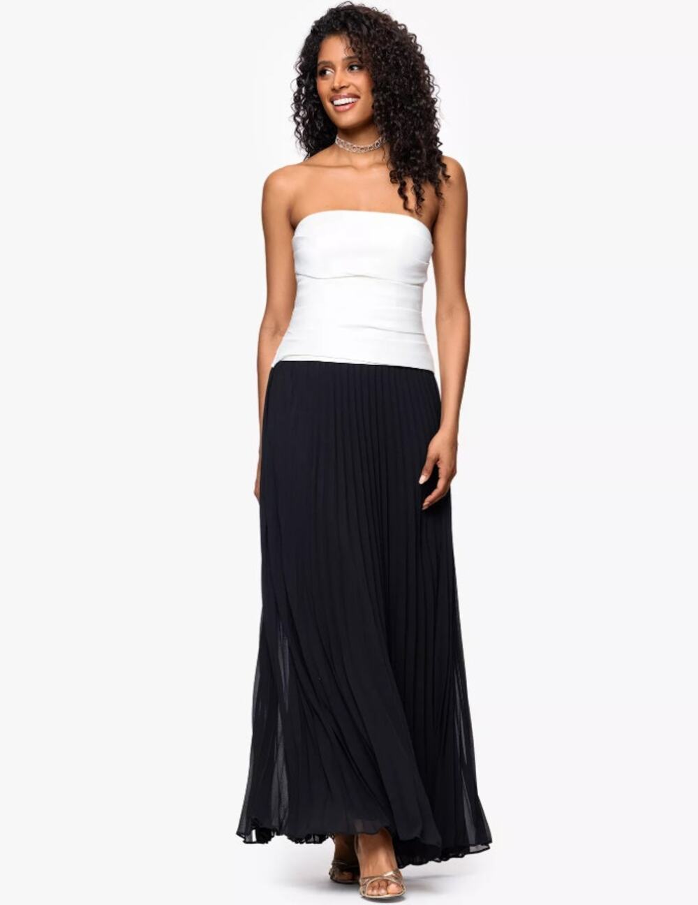 Betsy & Adam Colorblocked Strapless Chiffon Skirt Long Dress White/Black Size 12